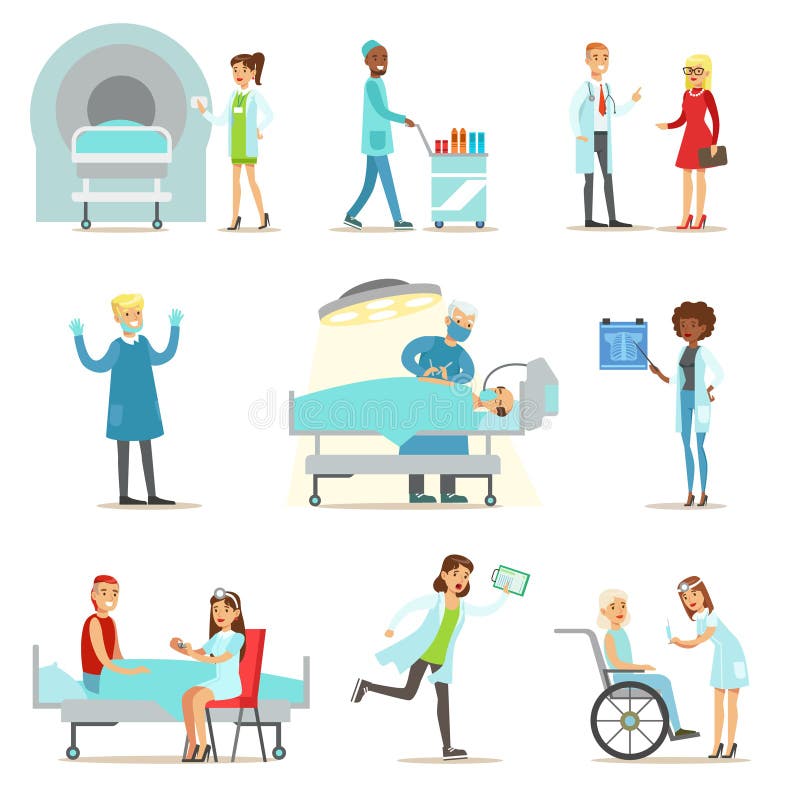 Verletzte und kranke Patienten im Krankenhaus, das medizinisches Gesundheitswesen von Berufsdoktoren und von den Krankenschwester stock abbildung Verletzte und kranke Patienten im Krankenhaus, das medizinisches Gesundheitswesen von Berufsdoktoren und von den Krankenschwester stock abbildung