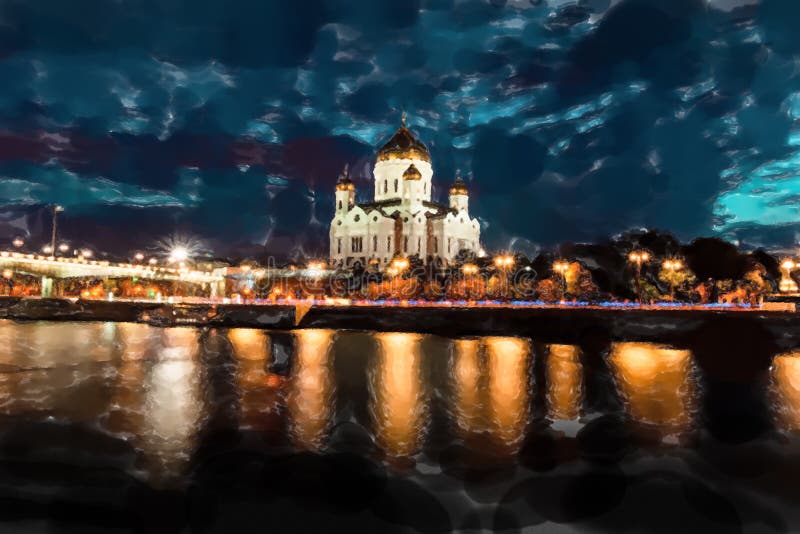 Verlichtde kathedraal van Christus de Savior, omhuld met oude straatverlichting van de Patriarchy Bridge 's nachts Waterkleurstij vector illustratie Verlichtde kathedraal van Christus de Savior, omhuld met oude straatverlichting van de Patriarchy Bridge 's nachts Waterkleurstij vector illustratie