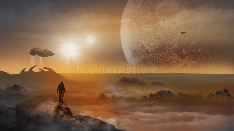 A man lost in a parallel world with two suns.
There are some alien ships hovering around & there is one alien spaceship station.
Man is standing on top of a mountain covered by white clouds.
And we can see another giant planet nearby. A man lost in a parallel world with two suns.
There are some alien ships hovering around & there is one alien spaceship station.
Man is standing on top of a mountain covered by white clouds.
And we can see another giant planet nearby.