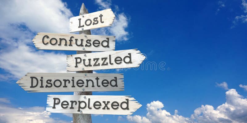 Lost, confused, puzzled, disoriented, perplexed - wooden signpost with five arrows. Sky with clouds on second plan. Lost, confused, puzzled, disoriented, perplexed - wooden signpost with five arrows. Sky with clouds on second plan.