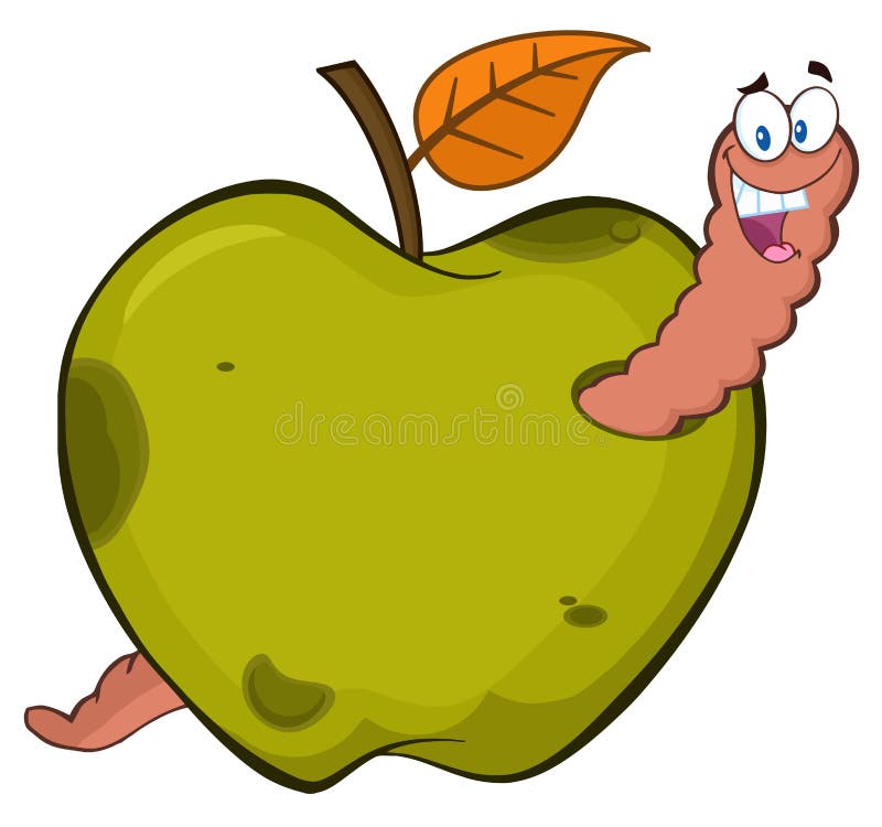 Verme felice in una progettazione di carattere verde marcia della mascotte del fumetto della frutta di Apple royalty illustrazione gratis Verme felice in una progettazione di carattere verde marcia della mascotte del fumetto della frutta di Apple royalty illustrazione gratis