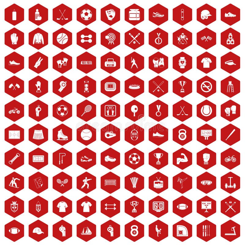 Vermelho do hexágono de 100 ícones do atleta ilustração stock