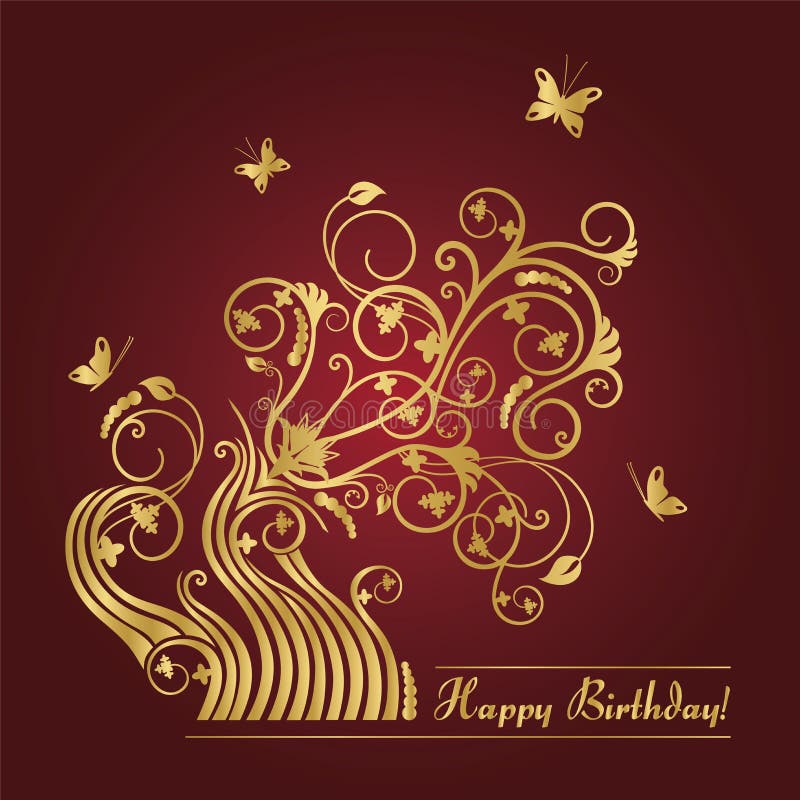 Vermelho e cartão de aniversário floral do ouro ilustração do vetor Vermelho e cartão de aniversário floral do ouro ilustração do vetor