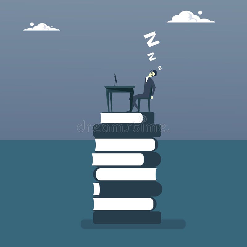 Vermoeide Bedrijfsmensenslaap die aan Computerzitting bij de Student Education Concept werken van de Boekenstapel stock illustratie Vermoeide Bedrijfsmensenslaap die aan Computerzitting bij de Student Education Concept werken van de Boekenstapel stock illustratie