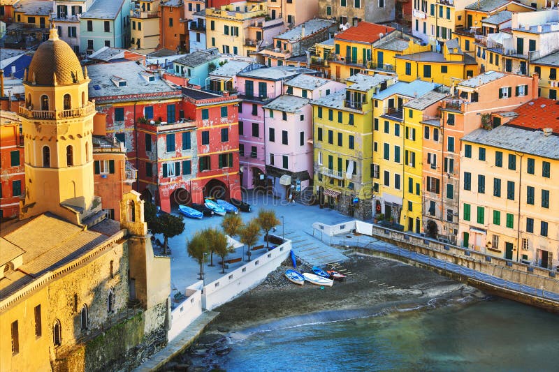 Vernazza village, church and buildings aerial view. Cinque Terre, Ligury, Italy