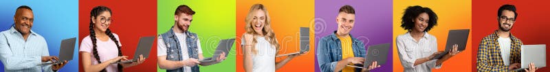 Vernetzungskonzept. Gruppe verschiedener multikultureller Menschen, die Laptops mit farbenfrohen Hintergründen benutzen stockfoto