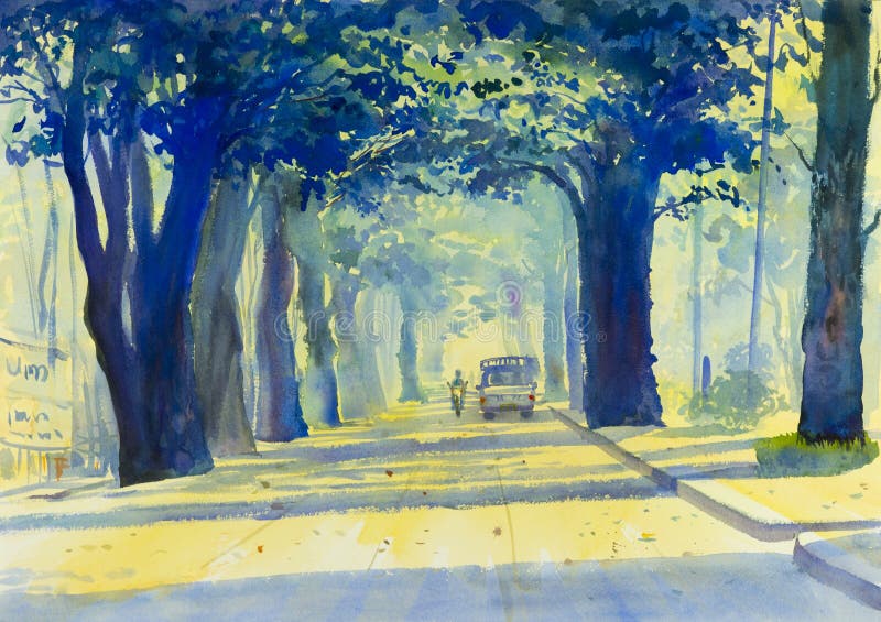 Watercolor landscape original painting colorful of Tunnel of Trees in countryside and emotion in atmosphere blue background. Watercolor landscape original painting colorful of Tunnel of Trees in countryside and emotion in atmosphere blue background
