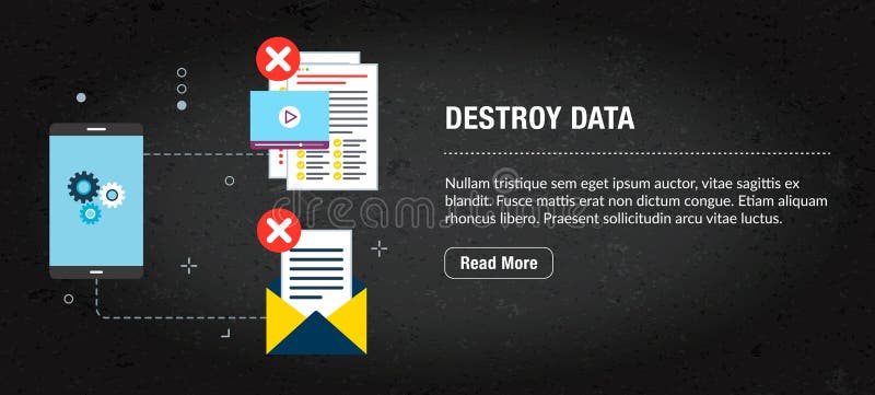 Vernietig gegevens, banner Internet met pictogrammen in vector vector illustratie Vernietig gegevens, banner Internet met pictogrammen in vector vector illustratie