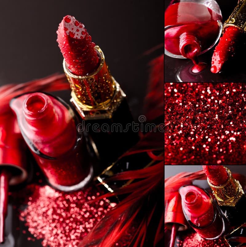 Red nail polish and red lipstick with drops of water on black background. Cosmetic cover. Red nail polish and red lipstick with drops of water on black background. Cosmetic cover