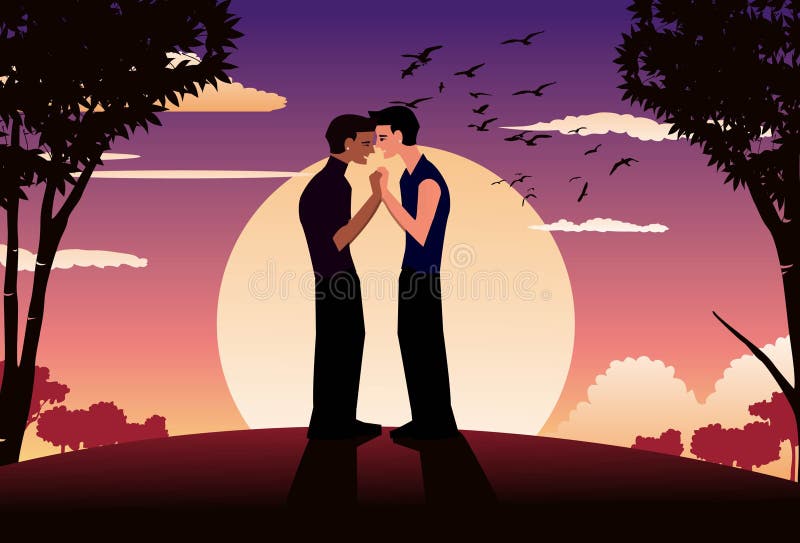 An image of two homosexual men standing in the park at sunset, and holding hands and leaning their foreheads against each other. An image of two homosexual men standing in the park at sunset, and holding hands and leaning their foreheads against each other