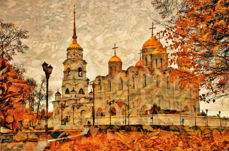 Veronderstellingskathedraal in Vladimir, Rusland Artistieke de herfstcollage