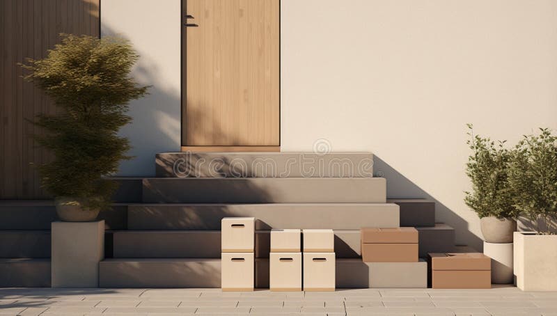 Verpackungsstapel verschieben Kartonschachteln Raum Haus Lieferhaus stock abbildung