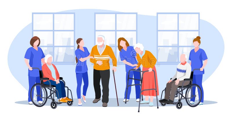 Verplegers die zorg dragen voor senioren in het ziekenhuis Vector platte illustratie van tekenfilm