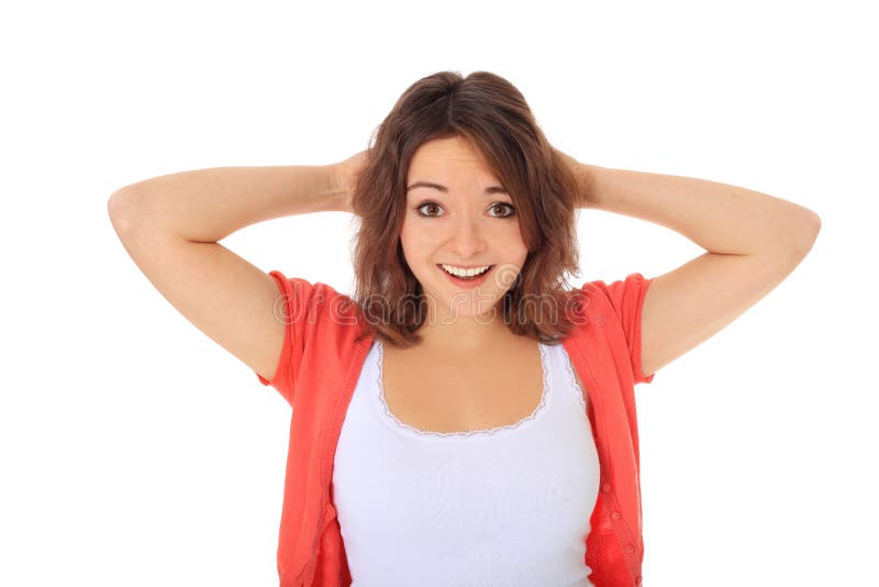 Attractive teenage girl with surprised expression. All on white background. Attractive teenage girl with surprised expression. All on white background.