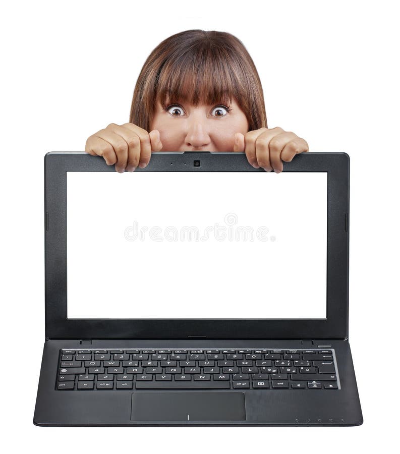 Verraste vrouw achter laptop doen schrikken geïsoleerd stock afbeeldingen Verraste vrouw achter laptop doen schrikken geïsoleerd stock afbeeldingen