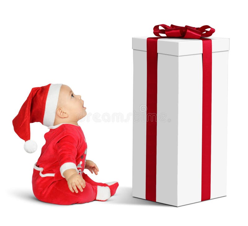 Verraste Weinig baby Santa Claus met grote Kerstmisgift, als GN royalty-vrije stock afbeelding Verraste Weinig baby Santa Claus met grote Kerstmisgift, als GN royalty-vrije stock afbeelding
