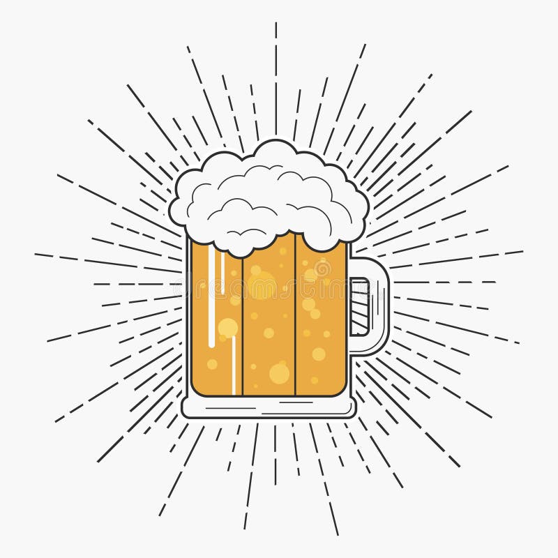 Verre de bière avec la mousse et de rayon de soleil dans le style de hippie Label de vintage avec la boisson alcoolisée de tasse illustration libre de droits Verre de bière avec la mousse et de rayon de soleil dans le style de hippie Label de vintage avec la boisson alcoolisée de tasse illustration libre de droits