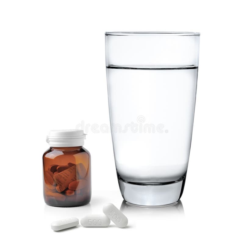 Verre de bouteille et de pilules de médecine de l'eau