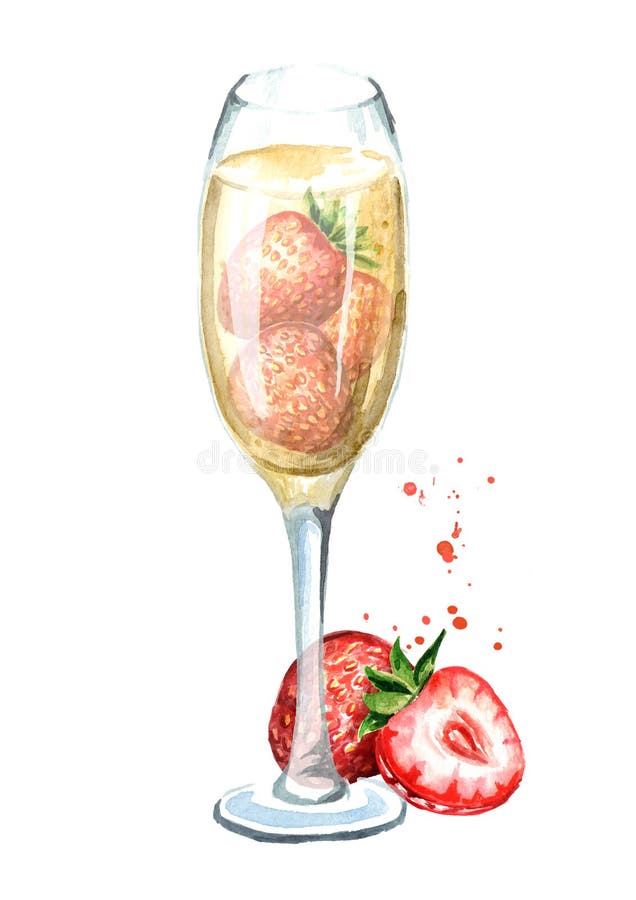Verre de champagne avec la fraise fraîche Illustration tirée par la main d'aquarelle d'isolement sur le fond blanc illustration stock Verre de champagne avec la fraise fraîche Illustration tirée par la main d'aquarelle d'isolement sur le fond blanc illustration stock