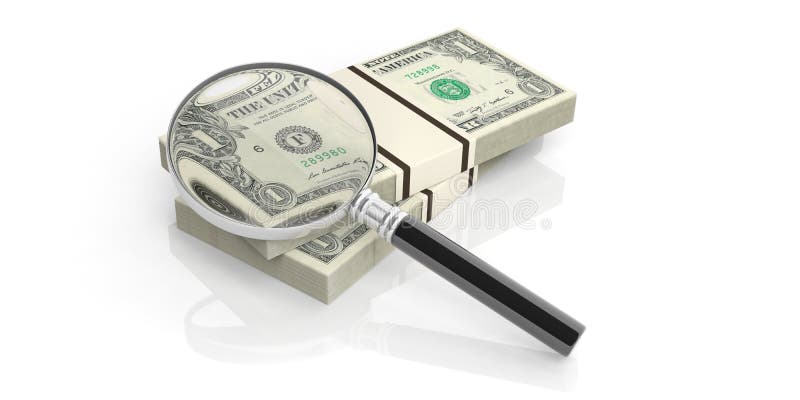 Verre de loupe du rendu 3d sur la pile de notes du dollar illustration libre de droits