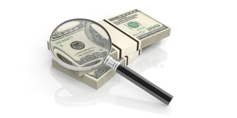 Verre de loupe du rendu 3d sur la pile de notes du dollar illustration stock