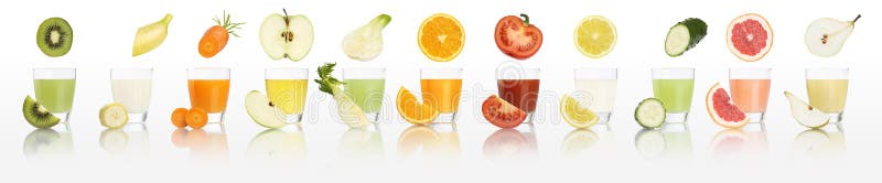Verres de jus de fruits et légumes d'isolement sur le fond blanc photographie stock Verres de jus de fruits et légumes d'isolement sur le fond blanc photographie stock