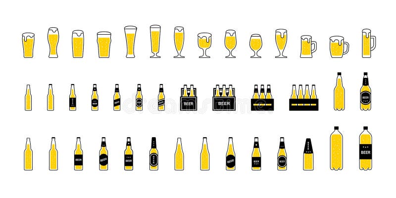 Verres et bouteilles de bière avec la mousse et les bulles, ensemble d'icônes Vecteur illustration libre de droits Verres et bouteilles de bière avec la mousse et les bulles, ensemble d'icônes Vecteur illustration libre de droits