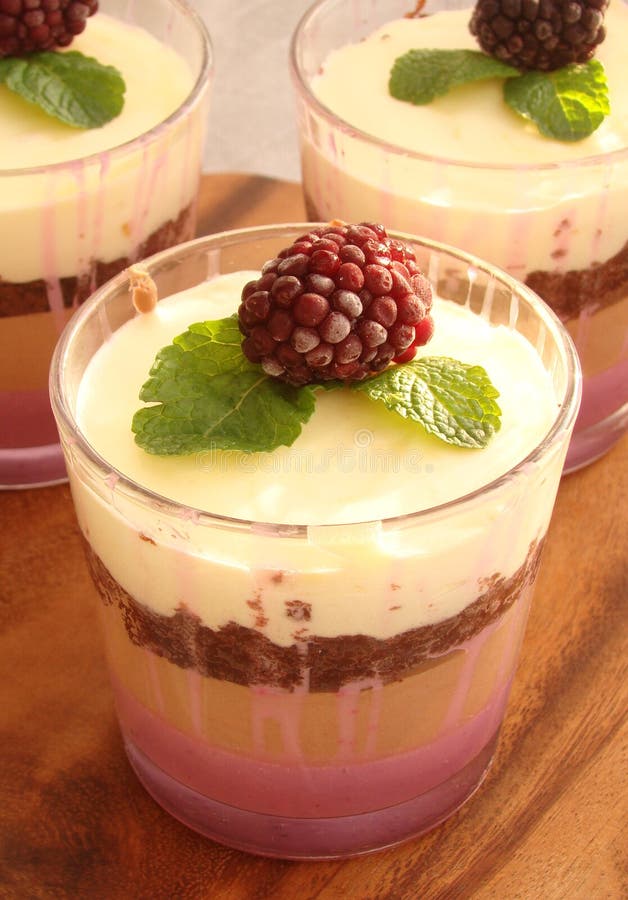 Verrine with Chocolate, Creamy Mousse, Berry Confit and Almond B Stock ...