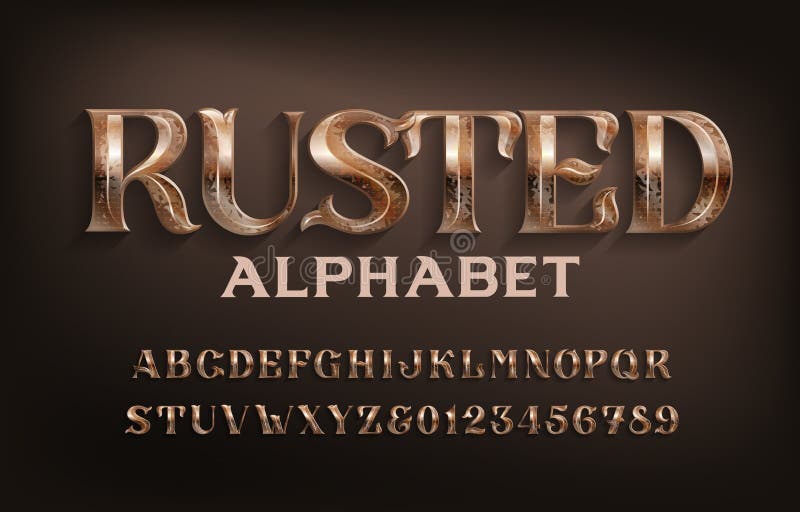 Rusted alphabet font. Ancient scratched metal letters and numbers. Stock vector typescript for your design. Rusted alphabet font. Ancient scratched metal letters and numbers. Stock vector typescript for your design.