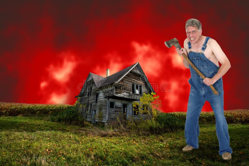 Verrückter Halloween-Axt-Mörder-Mann und Geisterhaus lizenzfreies stockbild Verrückter Halloween-Axt-Mörder-Mann und Geisterhaus lizenzfreies stockbild