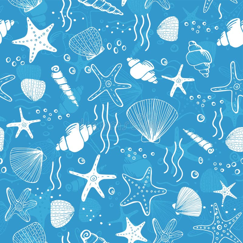 Vers creatief abstract marien naadloos patroon Overzeese het levensachtergrond met koralen, overzeese ster, shells en bellen Hand stock illustratie Vers creatief abstract marien naadloos patroon Overzeese het levensachtergrond met koralen, overzeese ster, shells en bellen Hand stock illustratie