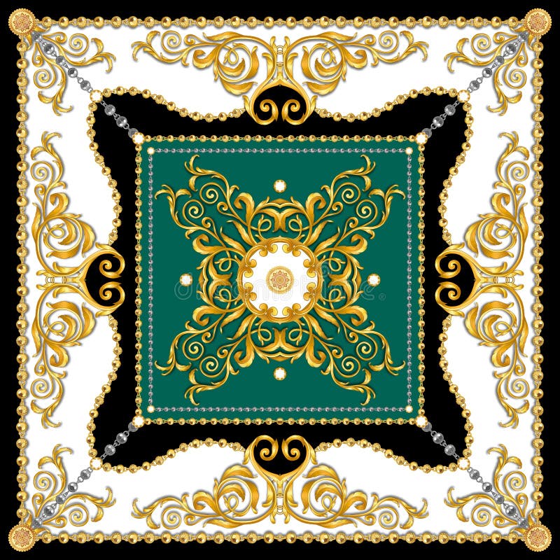 Versace Style Pattern Ready for Textile. Scarf Design for Silk Print. Golden Baroque with Chains on White and Green Background.