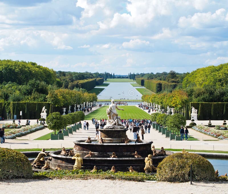 Versailles Castle gardens with fountain & tourists