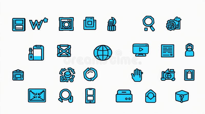 A versatile collection of modern icons designed in a clean, filled line art style. This comprehensive set features a two-tone blue and black color scheme on a white background. The pictograms represent a wide range of concepts including technology, business, communication, and user interface elements like globe, computer, search, mail, camera, and user profile. Ideal for web design, mobile app development, infographics, presentations, and any digital project requiring stylish and universally understandable symbols. Vector illustration for easy scaling and customization. World wide web computer vectors