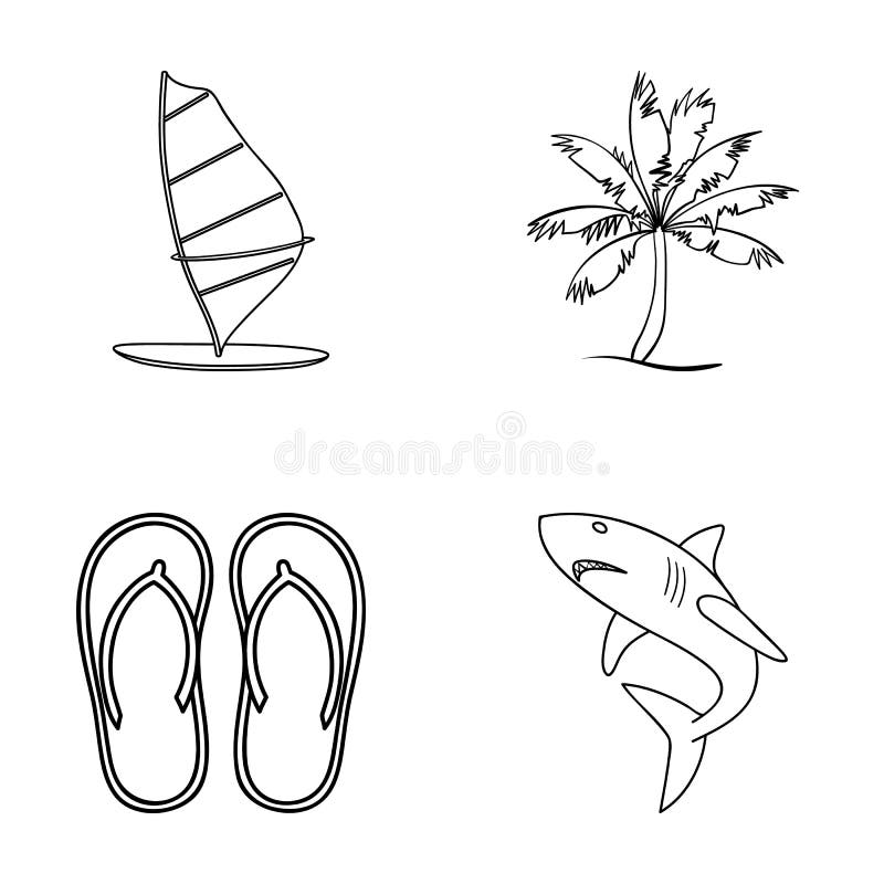 Verschalen Sie mit einem Segel, eine Palme auf dem Ufer, Pantoffel, ein weißer Hai Surfende gesetzte Sammlungsikonen in der Entwu lizenzfreie abbildung Verschalen Sie mit einem Segel, eine Palme auf dem Ufer, Pantoffel, ein weißer Hai Surfende gesetzte Sammlungsikonen in der Entwu lizenzfreie abbildung