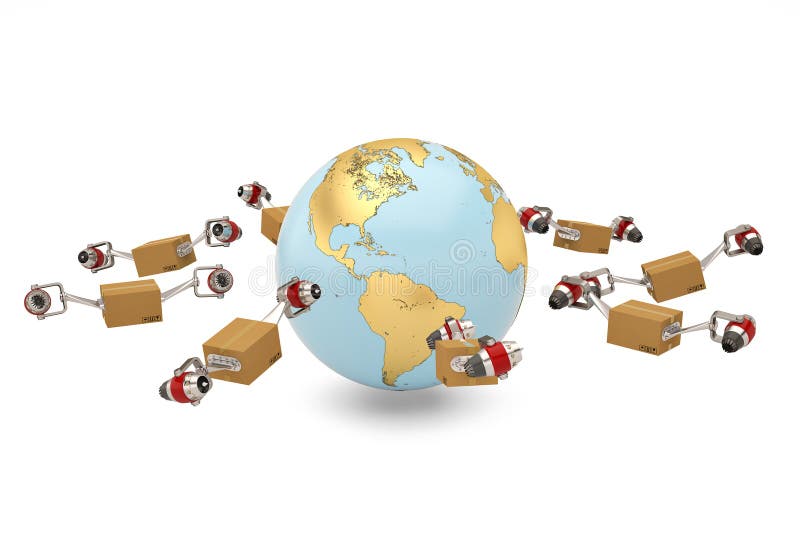 Verschepend conceptenkarton wereldwijd met straalmotor en gouden bol stock illustratie Verschepend conceptenkarton wereldwijd met straalmotor en gouden bol stock illustratie