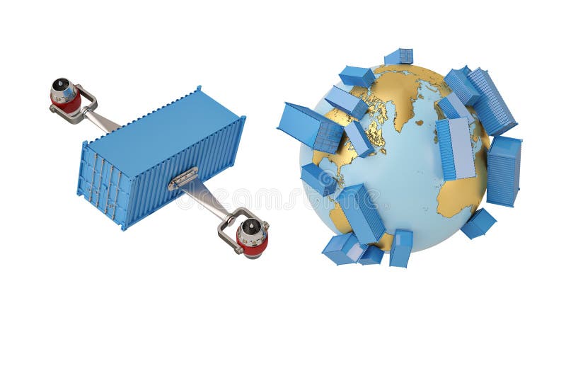 Verschepende conceptencontainer wereldwijd met straalmotor en bol stock illustratie Verschepende conceptencontainer wereldwijd met straalmotor en bol stock illustratie