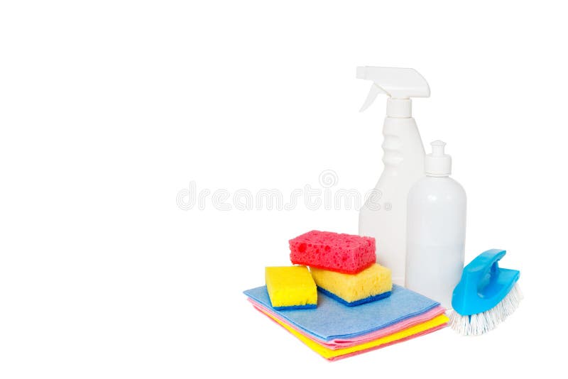 Verschiedene Arten von Hausreinigern und von bunten Schwämmen, Handschuhe lokalisiert auf Weiß Reinigungshintergrund Front View h stockbild Verschiedene Arten von Hausreinigern und von bunten Schwämmen, Handschuhe lokalisiert auf Weiß Reinigungshintergrund Front View h stockbild