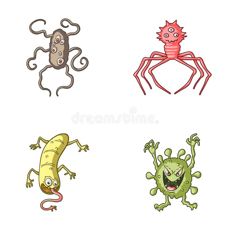 Different types of microbes and viruses. Viruses and bacteria set collection icons in cartoon style vector symbol stock illustration . Different types of microbes and viruses. Viruses and bacteria set collection icons in cartoon style vector symbol stock illustration .