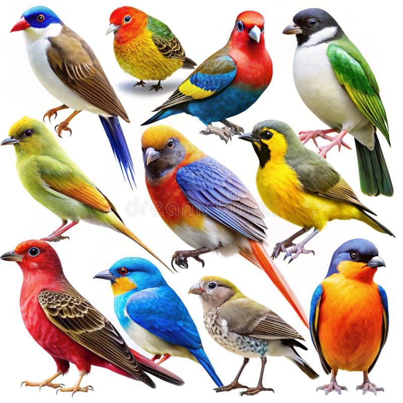 Verschiedene bunte Vögel auf weißem Hintergrund isoliert. Diverse Sammlung lebendiger und farbenfroher Vögel isoliert auf einem weißen Hintergrund ideal für Natur- und Wildtierthemen