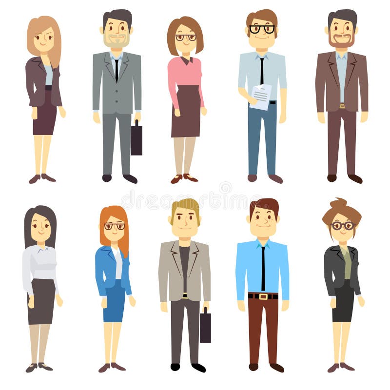 Businessmen businesswomen employee vector people characters various business outfits. Man and woman, manager leader illustration. Businessmen businesswomen employee vector people characters various business outfits. Man and woman, manager leader illustration