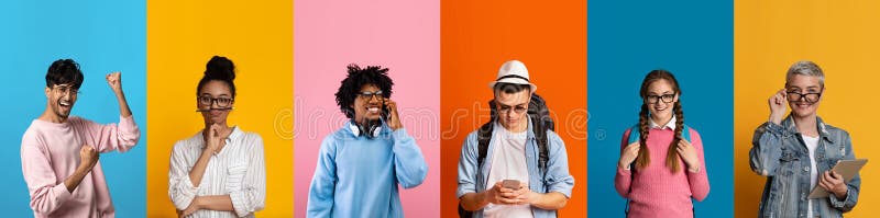 Verschiedene Gruppen glücklicher Freunde genießen Sommerleben in lebhaften Umgebungen stockbild