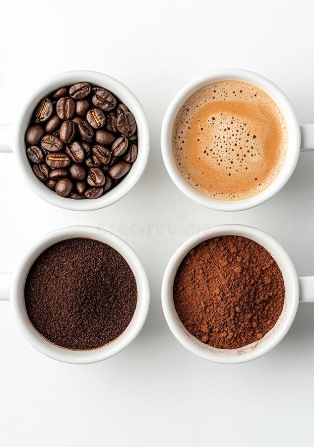 Verschiedene Kaffeebohnen und gemahlenen Kaffee in Schalen auf hellem Hintergrund stockfoto