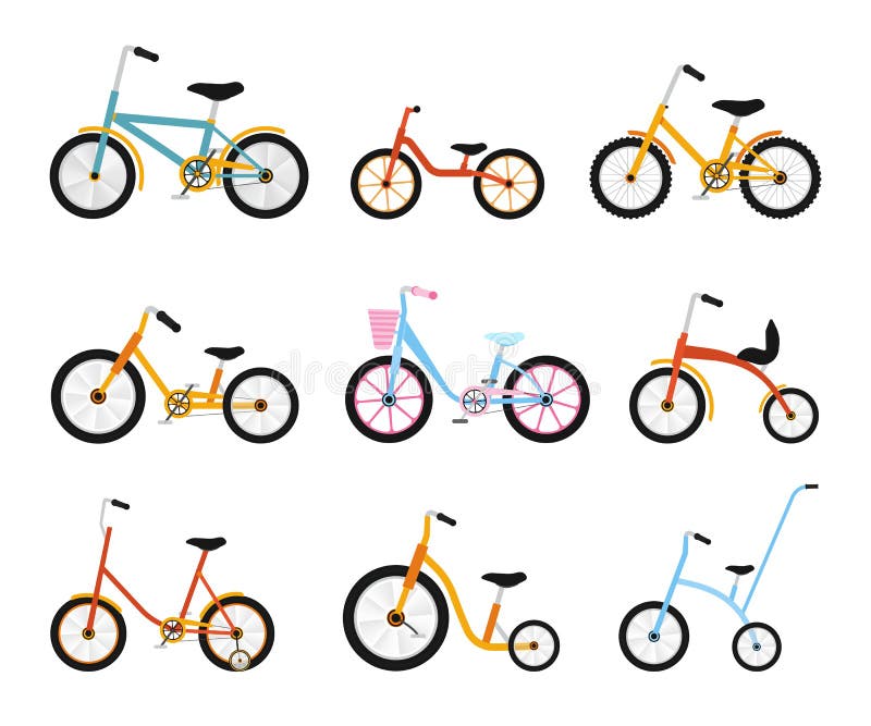 Verschiedene Kinderfahrradsammlung Bunte Fahrräder mit verschiedenen Rahmenarten Flacher Illustrationssatz des Vektors