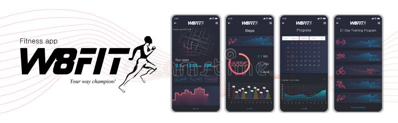 Verschiedene UI-, UX-, GUI-Schirme fitnes App und flache Netzikonen für mobile Apps stock abbildung Verschiedene UI-, UX-, GUI-Schirme fitnes App und flache Netzikonen für mobile Apps stock abbildung