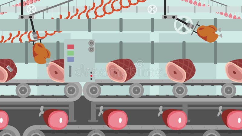Verschillend soort Vlees op een het Beeldverhaalstijl van de Fabriekstransportband