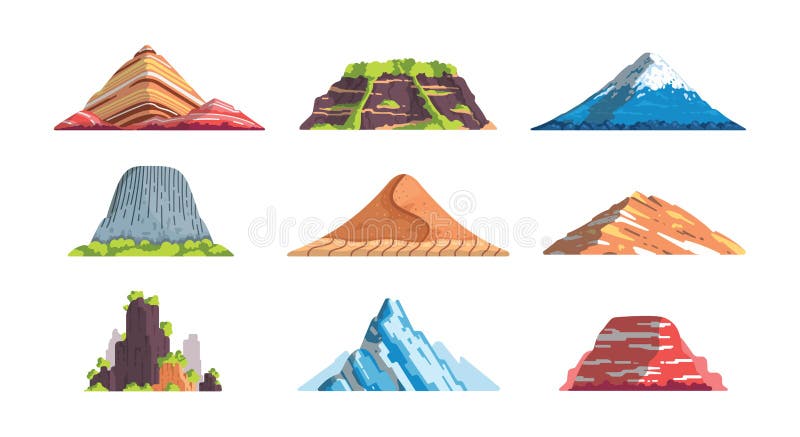 Verschillende bergenlandschap geïsoleerde vectorillustratie in beeldverhaalstijl Se van het silhouetelementen van de aardberg royalty-vrije illustratie Verschillende bergenlandschap geïsoleerde vectorillustratie in beeldverhaalstijl Se van het silhouetelementen van de aardberg royalty-vrije illustratie