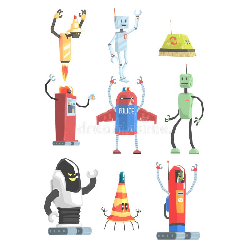 Verschillende de Robotsinzameling van de Ontwerp Openbare Dienst van Kleurrijk Beeldverhaal Androids vector illustratie Verschillende de Robotsinzameling van de Ontwerp Openbare Dienst van Kleurrijk Beeldverhaal Androids vector illustratie