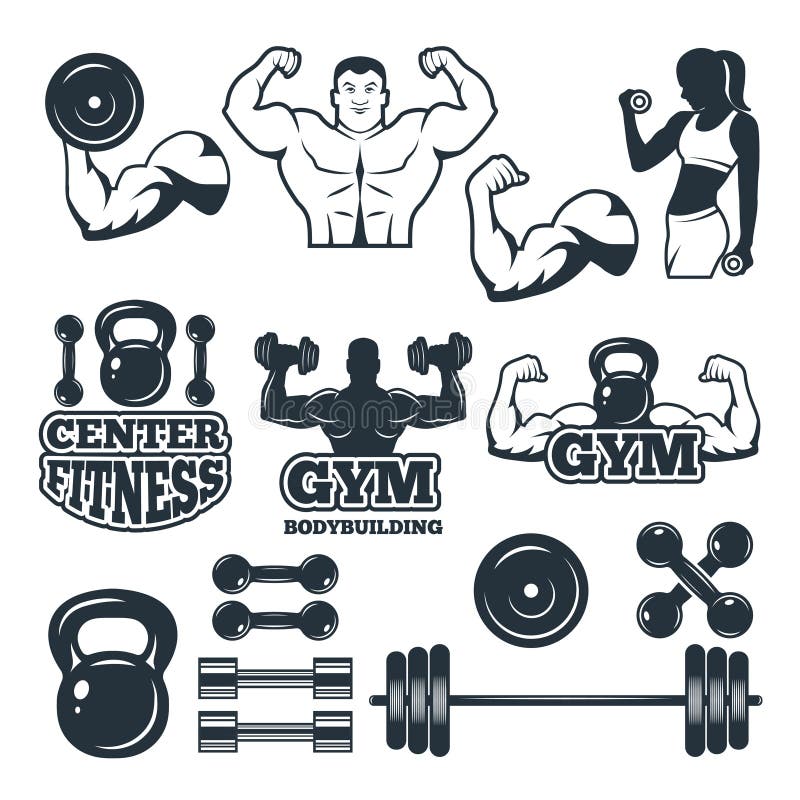 Verschillende die symbolen en kentekens voor geschiktheidsclub worden geplaatst Vectorbeelden voor gymnastiek stock illustratie Verschillende die symbolen en kentekens voor geschiktheidsclub worden geplaatst Vectorbeelden voor gymnastiek stock illustratie