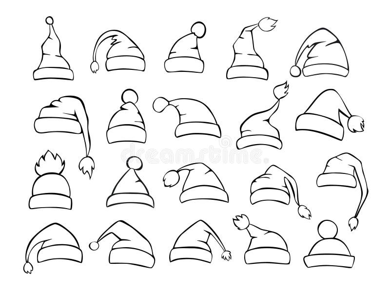 Verschillende die vormen van de hoeden van Kerstmissanta in zwarte worden geplaatst stock illustratie Verschillende die vormen van de hoeden van Kerstmissanta in zwarte worden geplaatst stock illustratie